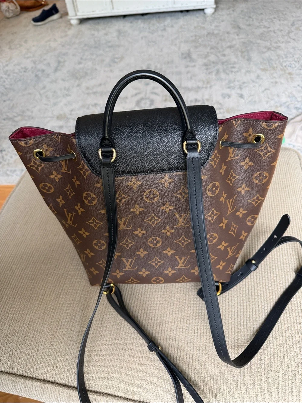 Louis Vuitton Brown Monogram Canvas Backpack with Black Flap and Red Interior